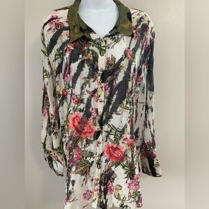 NWT Aratta Floral Button-Down Shirt with Olive Collar and Embroidery